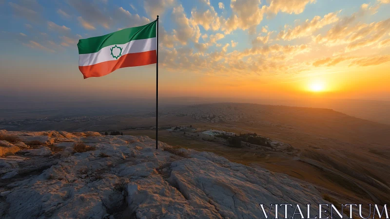 Sunlit tricolor flag above rocky plateau at golden sunset.
