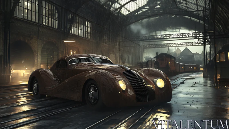 Streamlined vintage coupe idles in rain-soaked train depot
