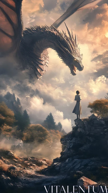 Lone figure confronting colossal dragon above misty peaks.