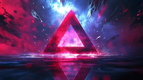 Glowing neon triangle over reflective water in deep space.