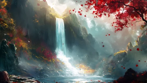 Whispering sapphire waterfall under drifting crimson leaves.