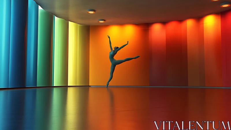 Silhouetted dancer leaping across chromatic curved studio wall.