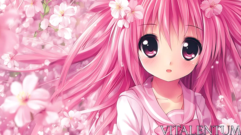 Soft pink haired anime girl gazes gently through cherry blossoms