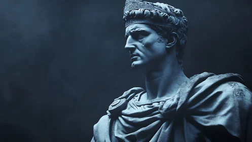 Classical male bust sculpture in blue directional light.