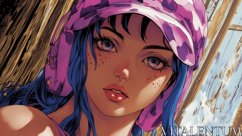 Pink cap portrait of blue haired girl in close focus.