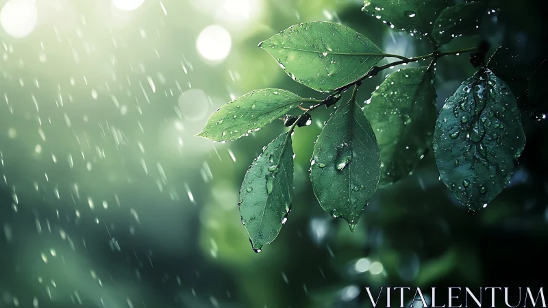 Rain-soaked green leaves in soft forest backlight.