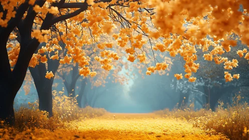 Golden blossom path drifting into a dreamy blue haze.