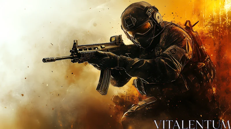 Intense tactical soldier charges forward through swirling fire