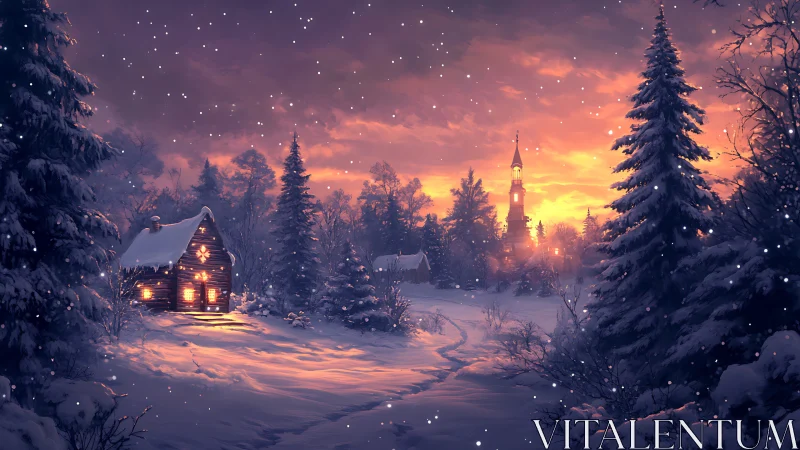 Digital painting of snowy cabin and church at golden sunset.