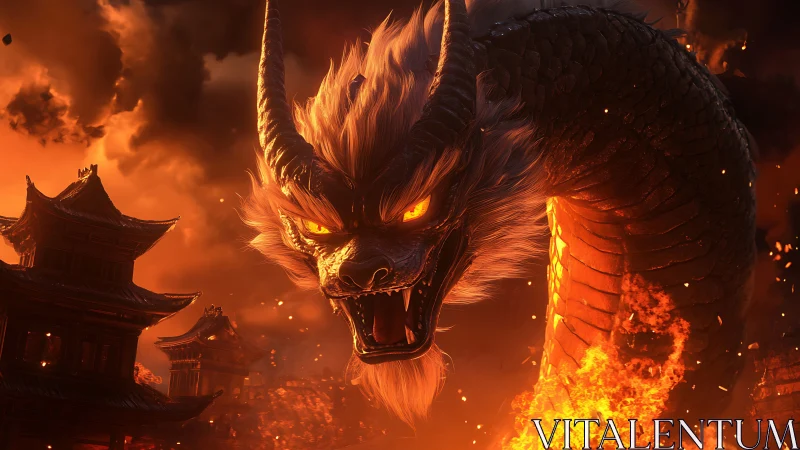 3D infernal dragon over burning temple city environment.