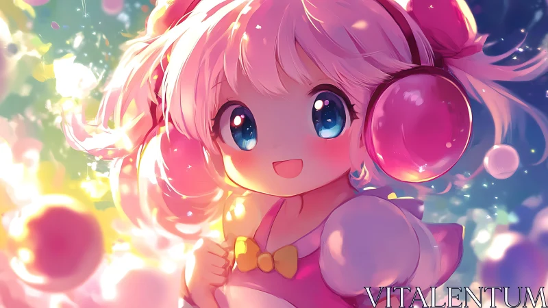 Pink-haired anime girl with glowing bubble headphones portrait.