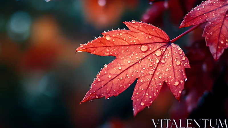 Red maple leaves with water droplets against blurred background.