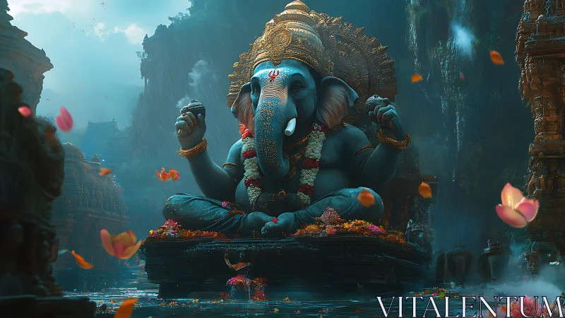 Majestic blue Ganesha statue glows in a misty temple rain
