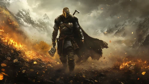 Lone axe knight striding through ember-scarred mountain pass.
