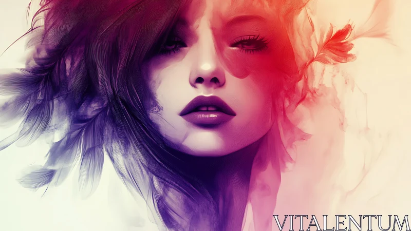 Dreamlike woman’s portrait dissolves into feathers and light