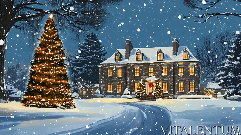 Snowy manor house at night with illuminated outdoor Christmas tree