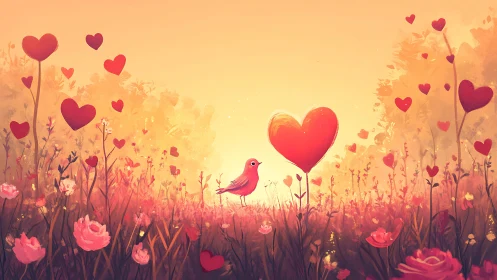Bird in a field of stylized heart flowers in graduated warm tones.