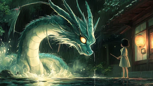 Dragon rises from rainlit pond confronting child at doorway