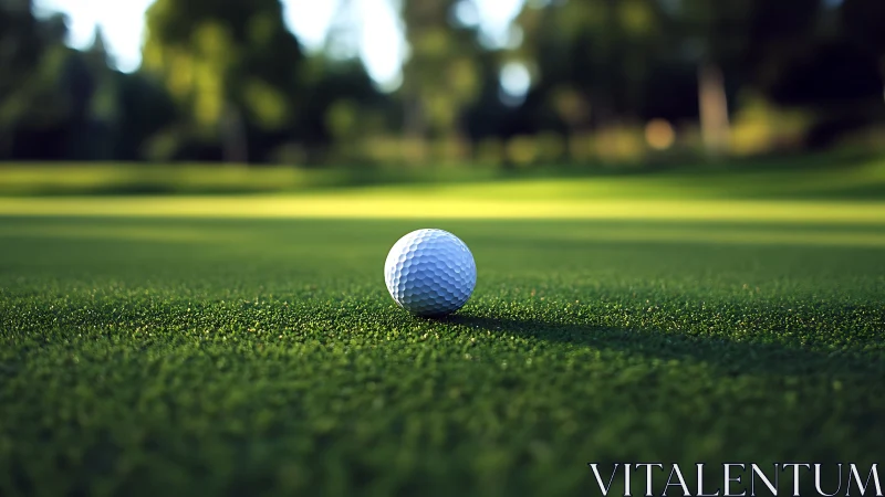Peaceful golf ball resting on sunlit green fairway.