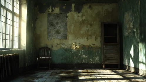 Light and decay in an abandoned green-walled interior.