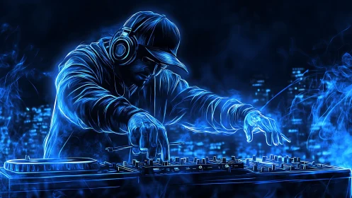 Neon lit DJ mixing beats in a glowing electric nightscape.