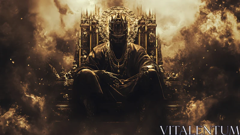 Shadow crowned king on burning baroque throne in smoke.