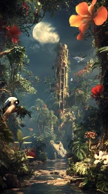 Moonlit jungle ruin rises beyond luminous floral canopy