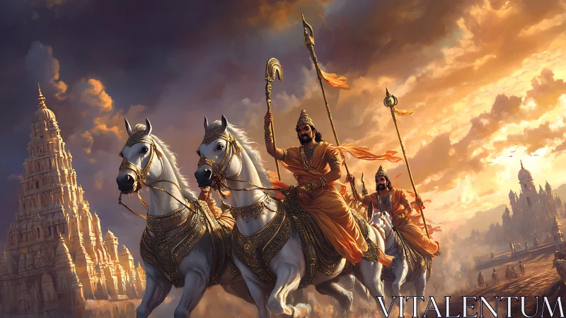 Warrior kings riding white stallions at blazing dawn.
