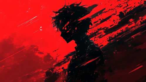 Silhouetted figure in chaotic red brushstroke abstraction.