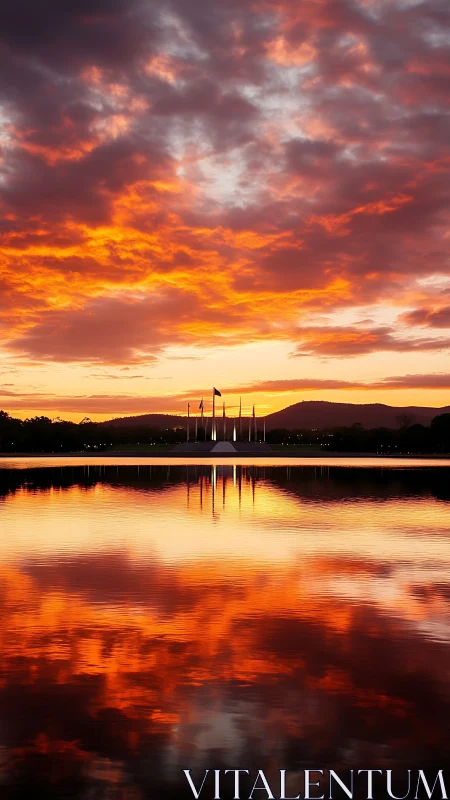 Sunset sky and lakeside monument with vivid reflections.