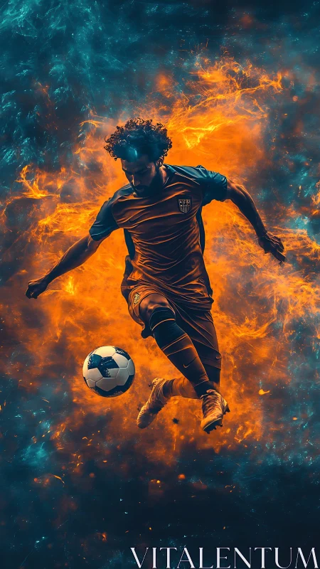 Soccer player performs midair control against dual-color flames