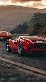 Red sports car on mountain road at sunset with backdrop.