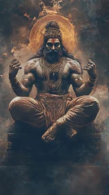 Muscular seated deity figure rendered with glowing halo and smoke