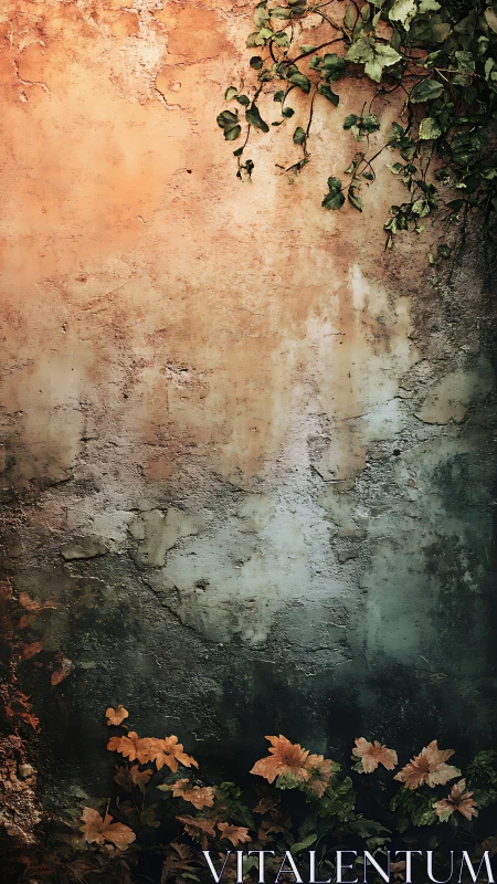 Weathered wall with creeping vines and autumn flowers.