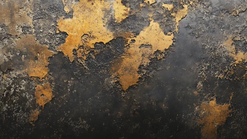 Rusted black metal surface with peeling golden corrosion.
