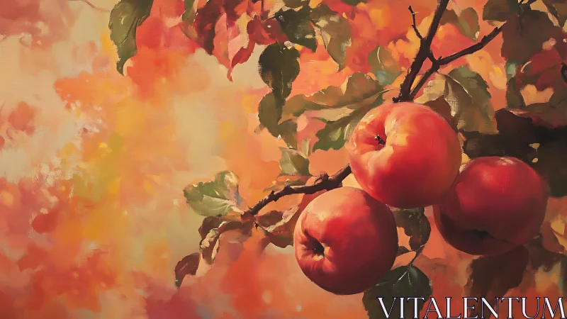 Autumn apples hang on sunlit branches in warm hues.