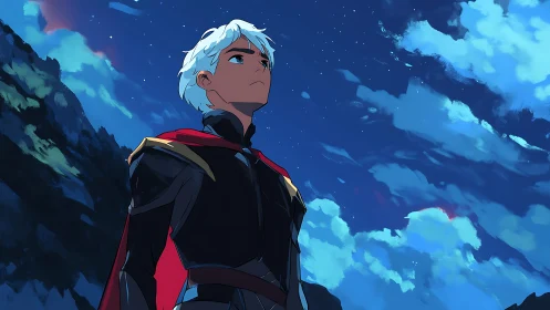 Young armored hero gazes at a vast, starlit night sky.