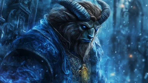 Frostbound horned prince brooding in sapphire sorcery glow.