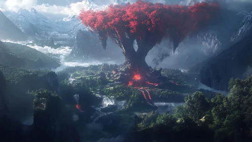Colossal World Tree Erupts with Crimson Fire Among Misty Mountains.