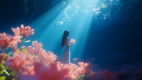 Volumetric light shafts over lone figure in floral glade.