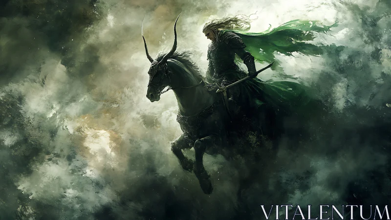 Emerald-cloaked elven knight rides through storm clouds.