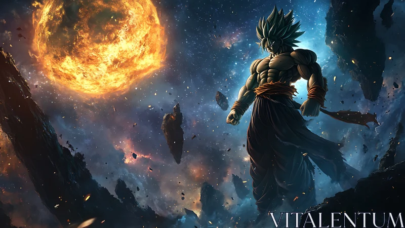 Celestial warrior amid erupting star and fractured asteroid field.