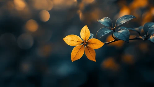 Amber woodland blossom glows against deep teal twilight bokeh.