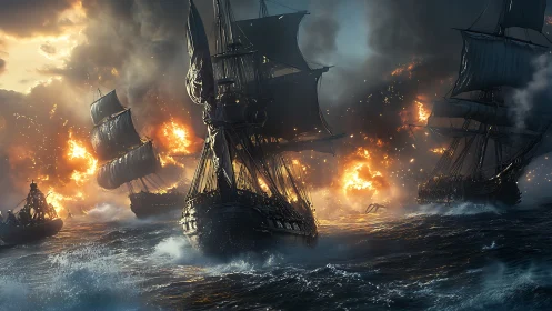 Warships trade broadsides amid stormlit inferno at sea.