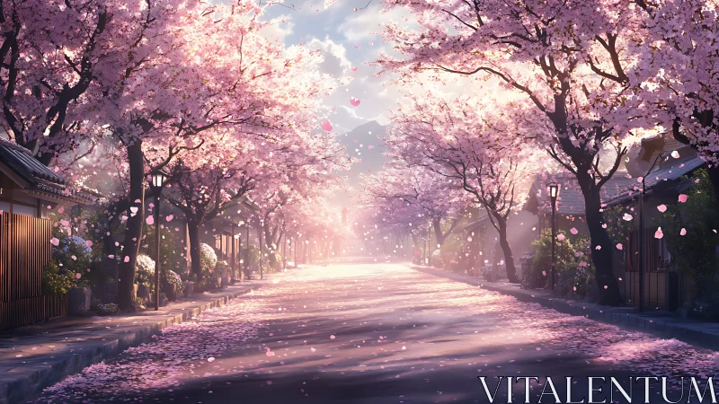 Soft morning light welcomes a quiet street of cherry trees