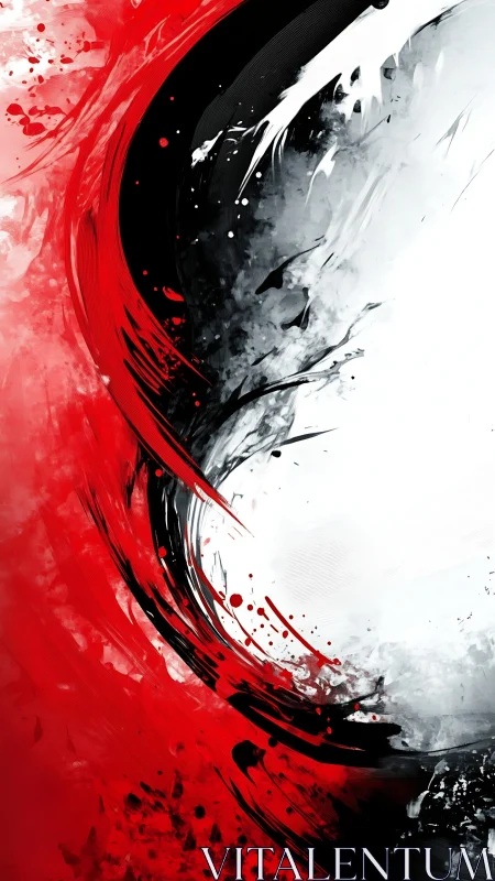 Crimson and charcoal arcs carve stark abstract vortex.