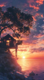 Cliffside cabin overlooks coastal sunset under detailed clouds
