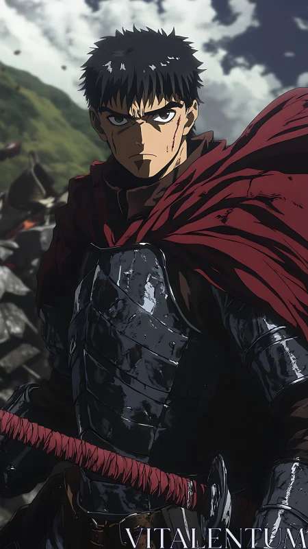 Armored anime swordsman with red cape in battle setting.