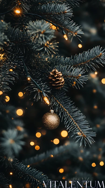 Golden ornament hangs amid dark fir branches and lights