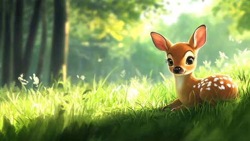 Gentle fawn rests in sunlit forest grass and glows softly
